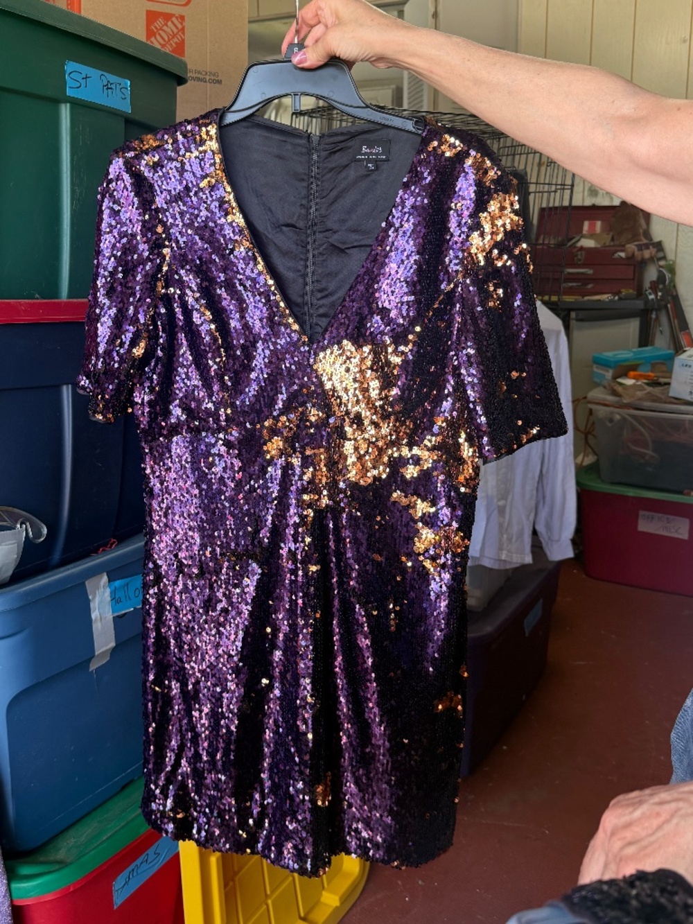 BARDOT PURPLE AND GOLD SEQUINED PARTY DRESS